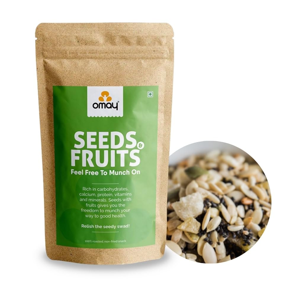 Omay Foods Seeds and Fruits Mix, 400g Pouch | Roasted Chia, Pumpkin, Watermelon and Muskmelon Seeds | Dried Guava and Mausami | 5 in 1 Superfood Mix | Oil Free | Ready to Eat Snack