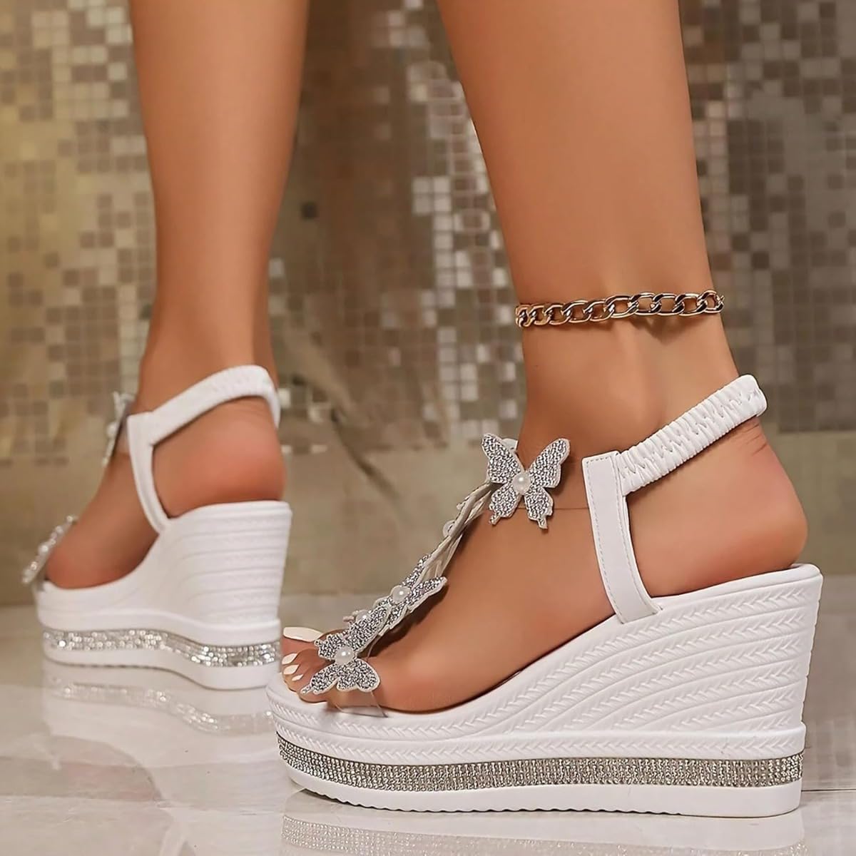 Sandalias de mariposa para mujer 2026, tacones de cuña con puntera abierta y plataforma de diamantes de imitación, suela gruesa, correa elástica transparente, sandalias bohemias de punta abierta para