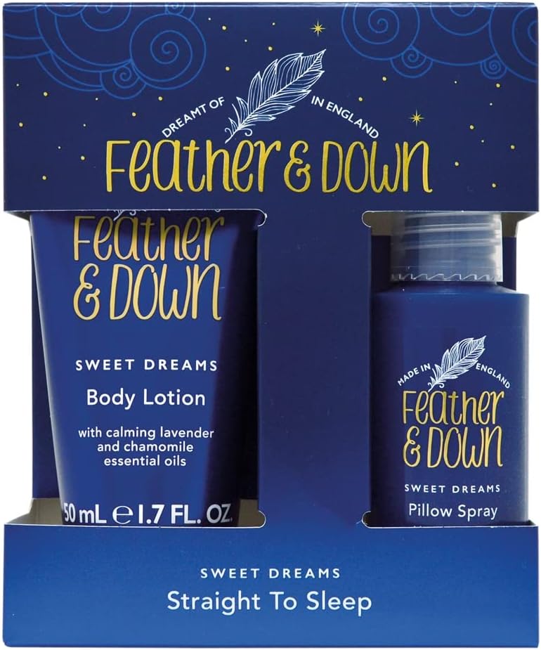 Feather & Down Straight to Sleep Gift Set (50ml Pillow Spray & 50ml Body Lotion) – The perfect sleep duo, infused with lavender & chamomile essential oils. Vegan Friendly & Cruelty Free. Feather & Down Straight to Sleep Gift Set (50ml Pillow Spray & 50ml Body Lotion) – The perfect sleep duo, infused with lavender & chamomile essential oils. Vegan Friendly & Cruelty Free.