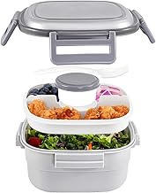 Salad Container for Lunch - 55 oz Salad Bowl with 4-Compartment Bento-Style Tray, 3 oz Sauce Box, Reusable Spork & BPA-Free, Lunch Box for Meal Prep & Food Storage(Gray)