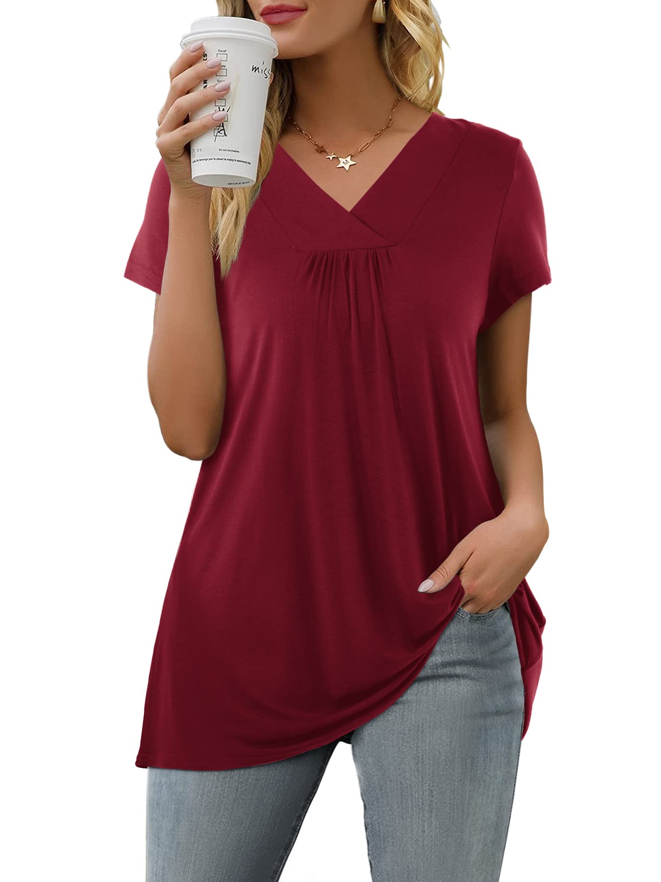 Florboom Shirt Damen Kurzarm/Langarm Tshirts V Ausschnitt Plissiert Oberteile Tunika