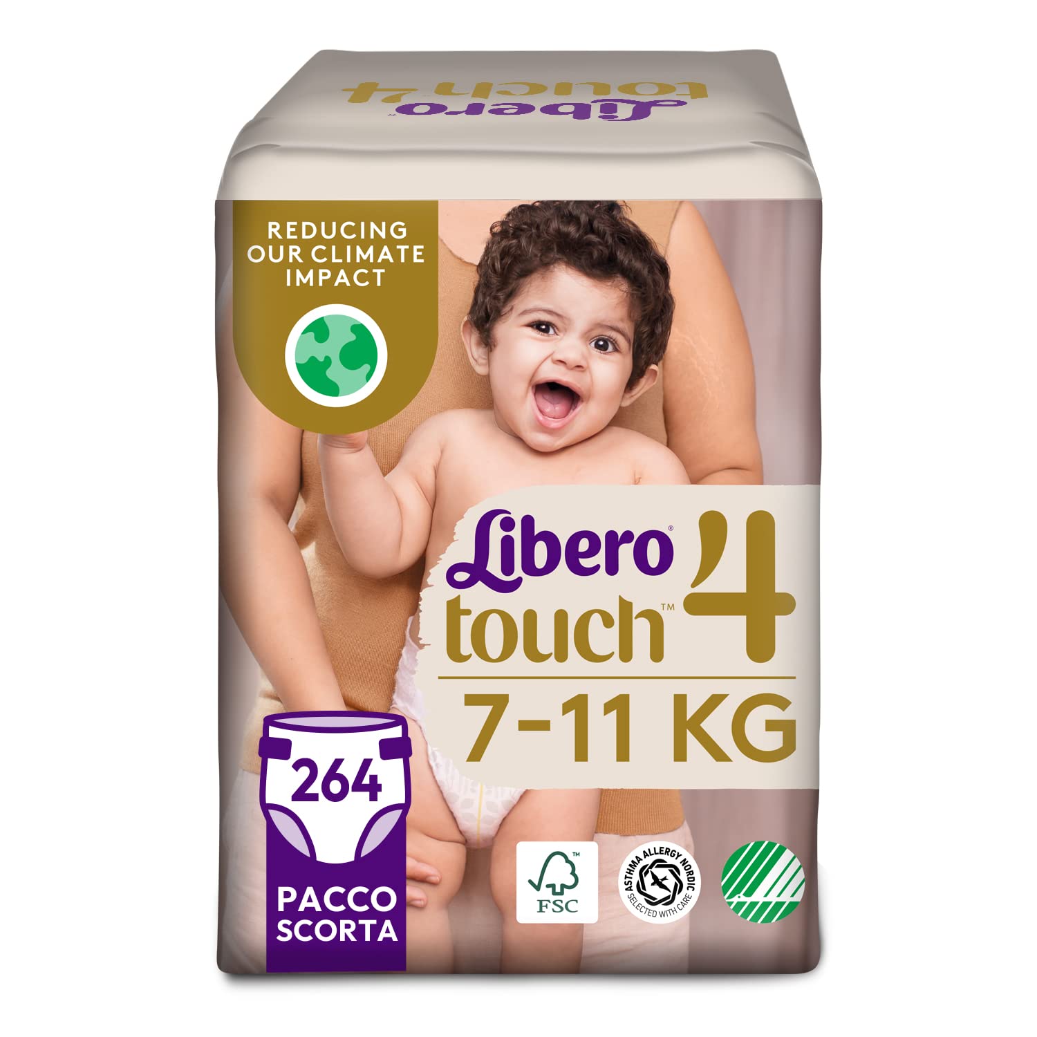 Libero, Touch Open Windeln für Kinder, 264 Windeln Größe 4 für Kinder von 7-11 kg, 6 Packungen mit 44 Einwegwindeln