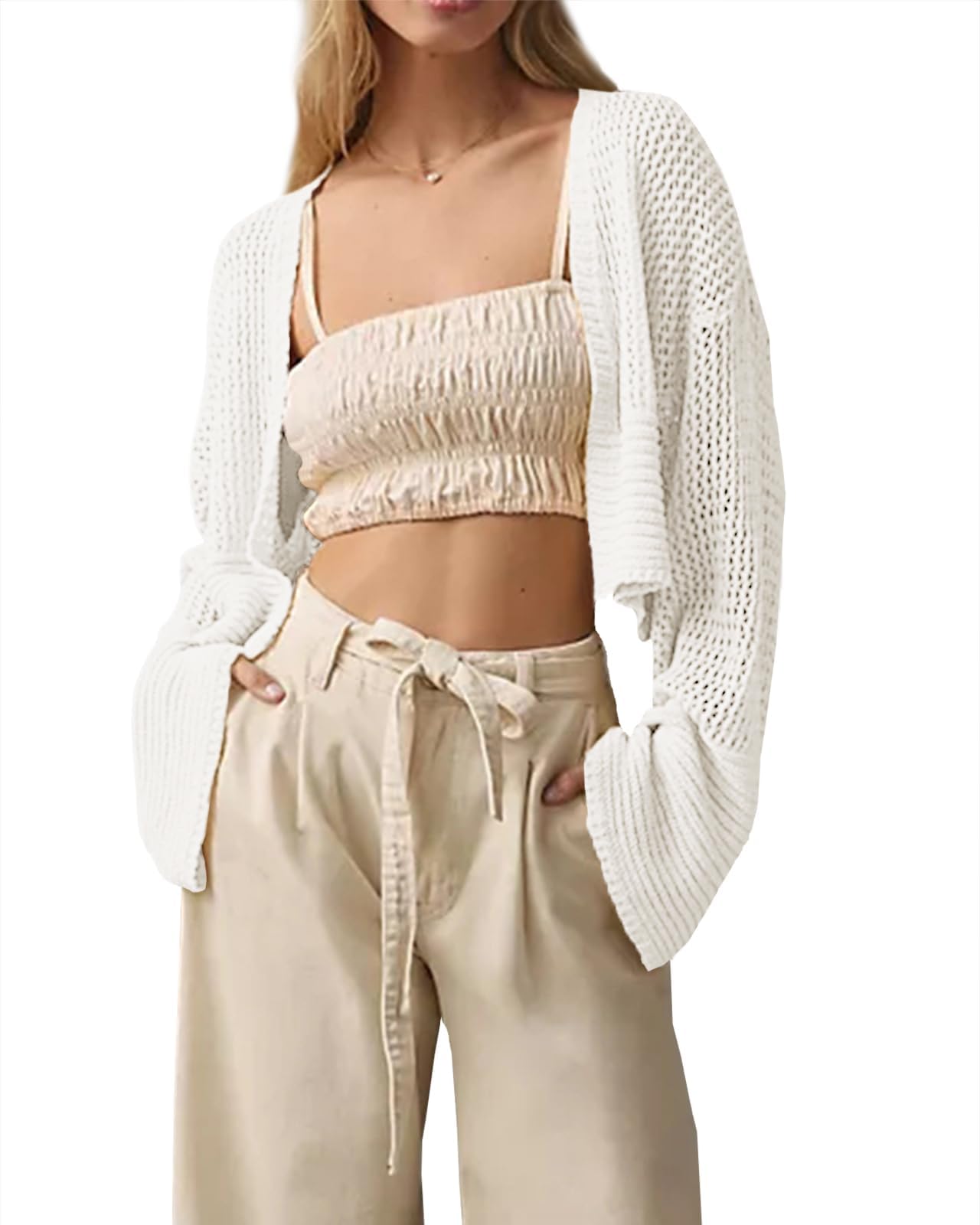 Cicy Bell Damen Open Front Strickjacke Boho Langarm Cropped Cardigan Leicht Sommer Sweaters