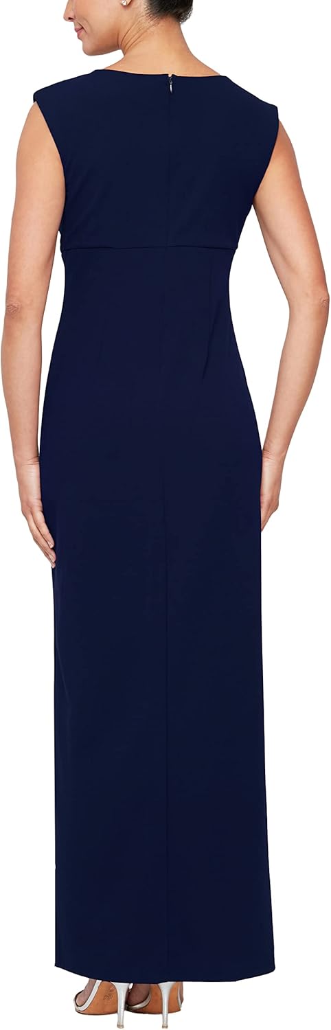 S.L. Fashions Womens Long Sleeveless Column Dress with Shoulder Detail and Front Slit (Petite and Regular Sizes)