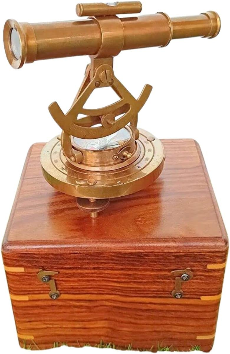 Brass Handmade Alidade Telescope Compass with Box -Base Nautical Antique Maritime Telescope, Home Decorative Best Gift for Men, Husband, Birthday Gift