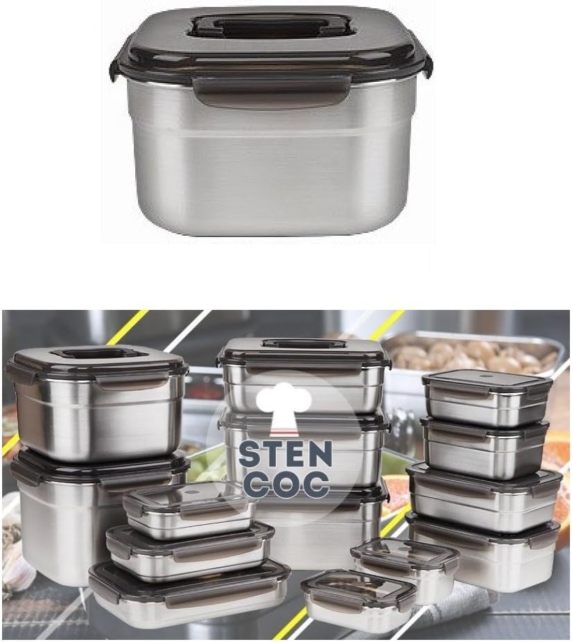 STENCOC Stainless Steel BPA Free Square Leakproof Airtight Kimchi/Pickle/Food Storage Container Saver (5.8L / 196oz / 9.1") One Handle