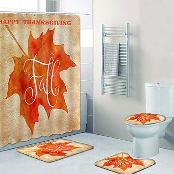 4 Pcs Happy Thanksgiving Shower Curtain Sets with Non-Slip Rug, Toilet Lid Cover and Bath Mat, Maple Leaf Shower Curtain with 12 Hooks Christmas Bathroom Sets Decorations