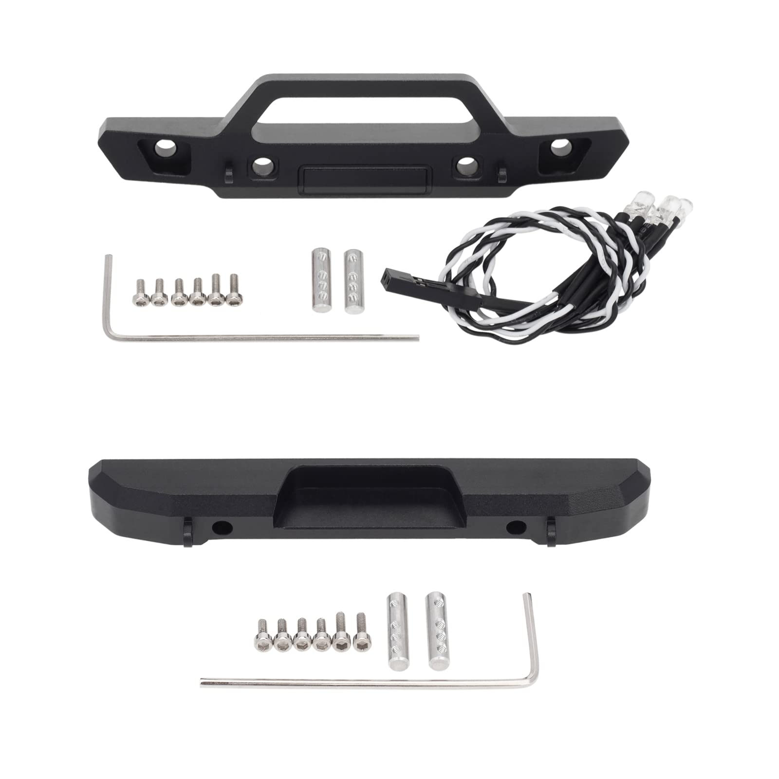 DKKY RC Front and Rear Bumper with Metal Trailer Hitch and LED Light, Aluminum Crawler Car Upgrade Simulation Front and Back Bumper RC Accessories Part for 1/24 RC Wrangler Gladiator 90081 Axial SCX24