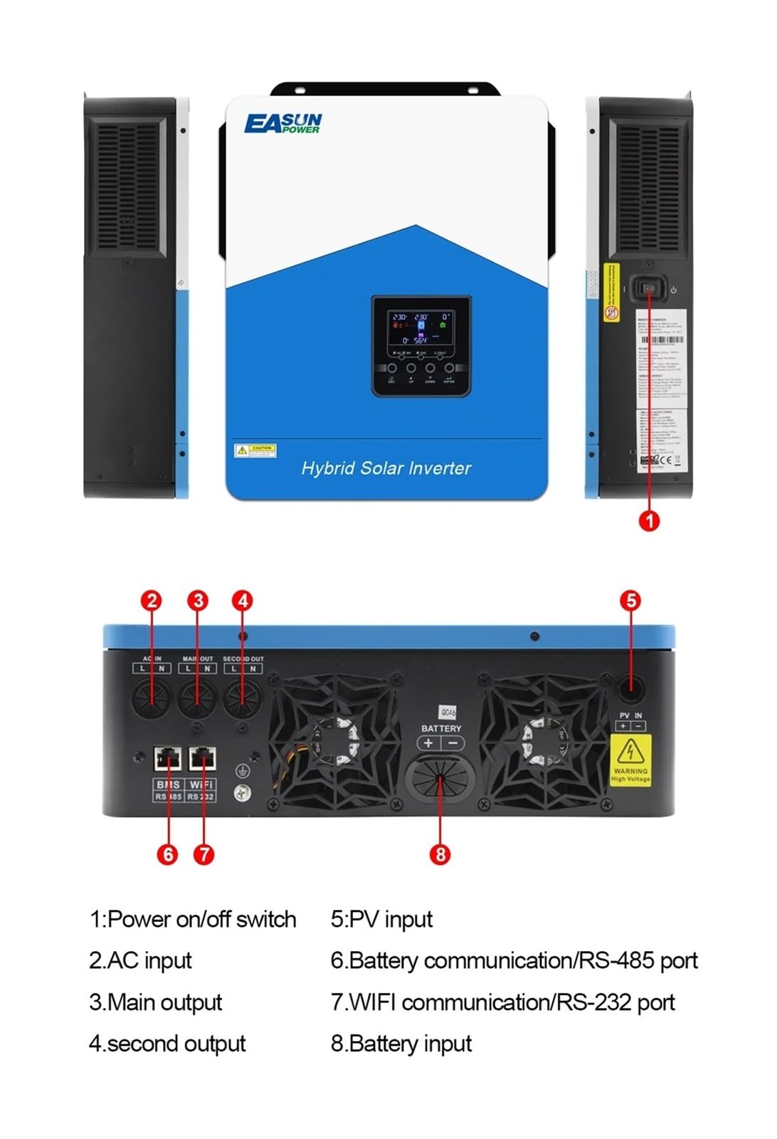 Power Inverter Convertitore Inverter Solare Ibrido Per Casa Con Caricabatterie 6,2 KW, 4,2 KW, 3,2 KW, 2,2 KW Onda Sinusoidale Pura MPPT 12V 24V 48V 220V(SMH-III-6.2KW-WIFI)