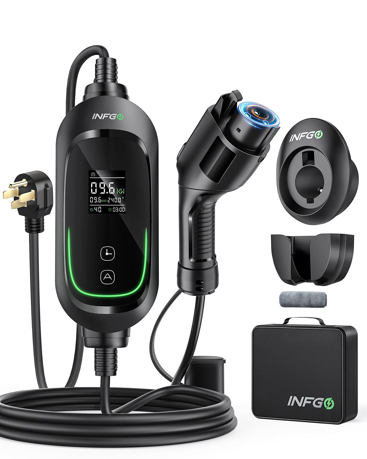 Photo 1 of INFGO Level 2 EV Charger 40Amp, Adjustable Current & Timing Delay, 240V, 9.6kW, NEMA 14-50 Plug, Portable Home Electric Vehicle Charging Station with 25FT EV Charging Cable for J1772 BEVs/PHEVs
