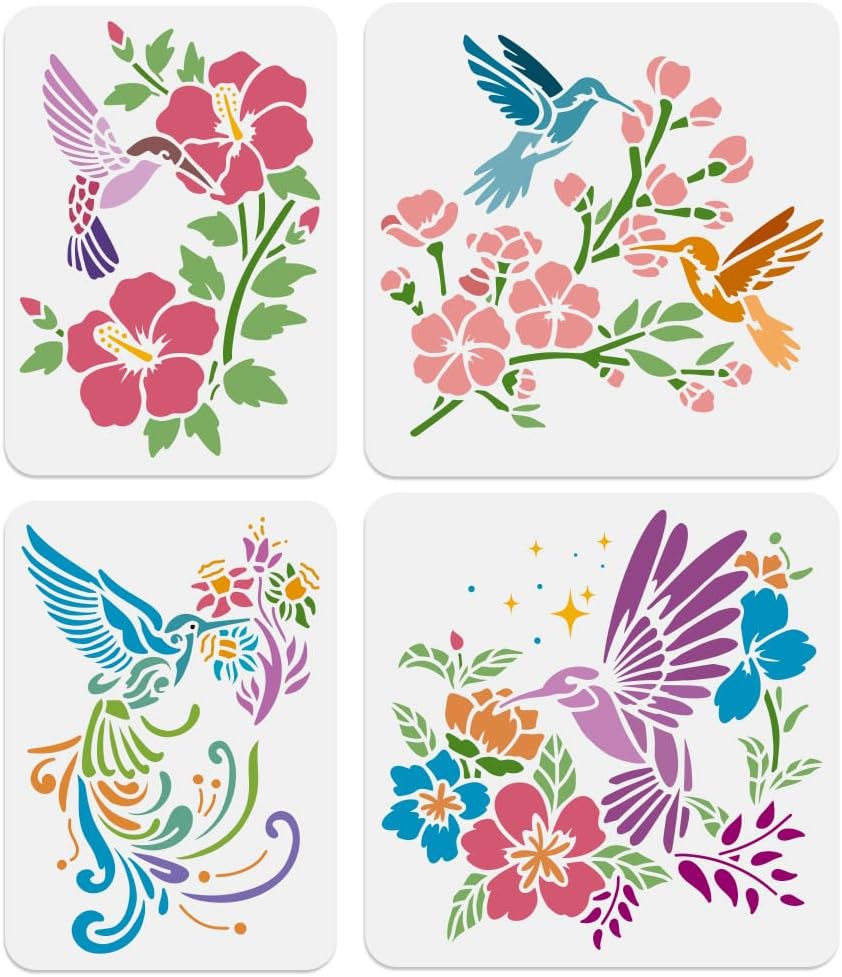 4 St ck Kolibri Auf Dem Bl tenzweig Schablone Zum Malen von Wiederverwendbaren V geln Und Blumen Kunstschablone DIY Zeichenvorlagen F r Holz W nde Stoff Glas Leinwand Und Papier