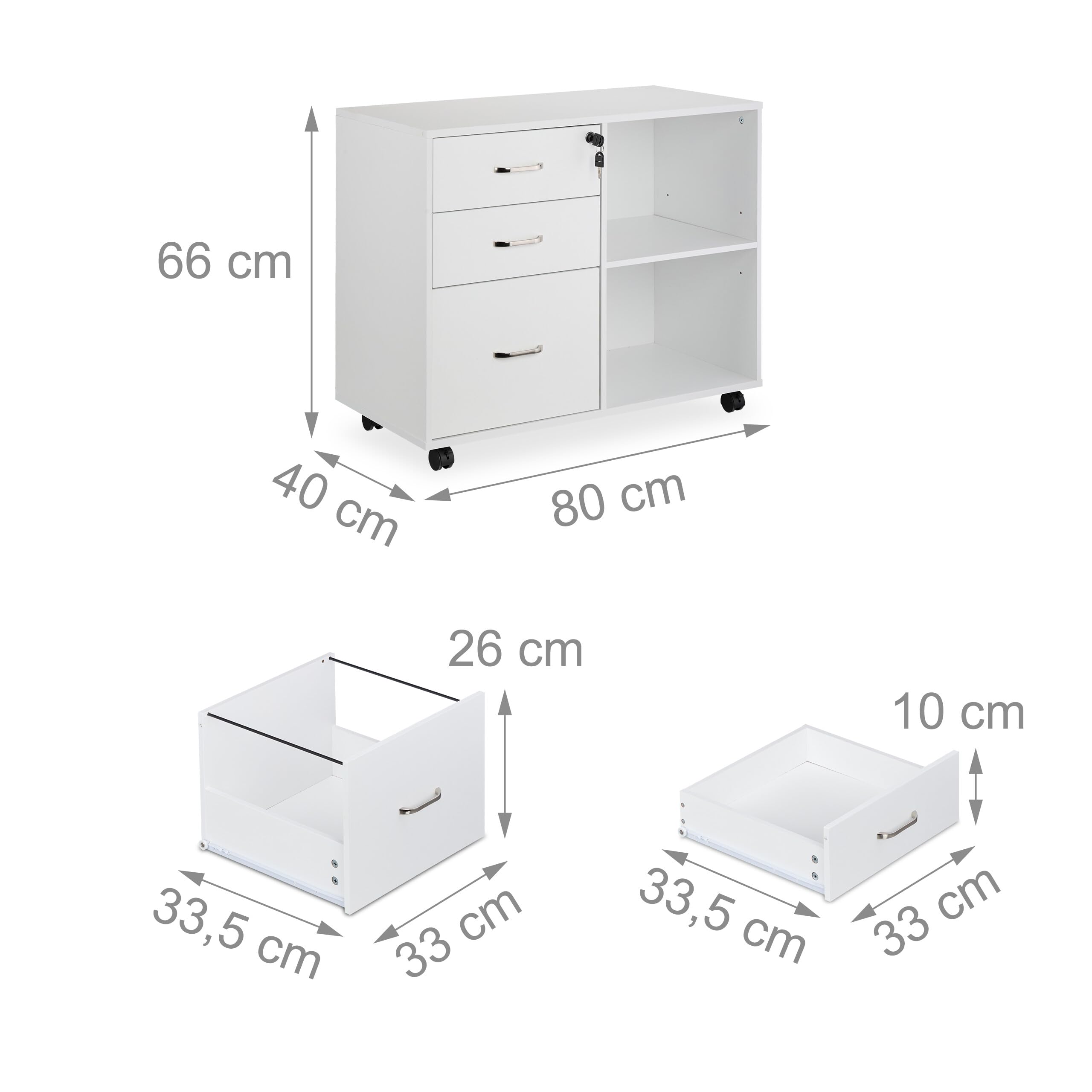 Relaxdays Mueble Archivador, 3 Cajones, 2 Compartimentos, 66x80x40 cm, 4 Ruedas Cajonera Oficina, con Llave, Blanco