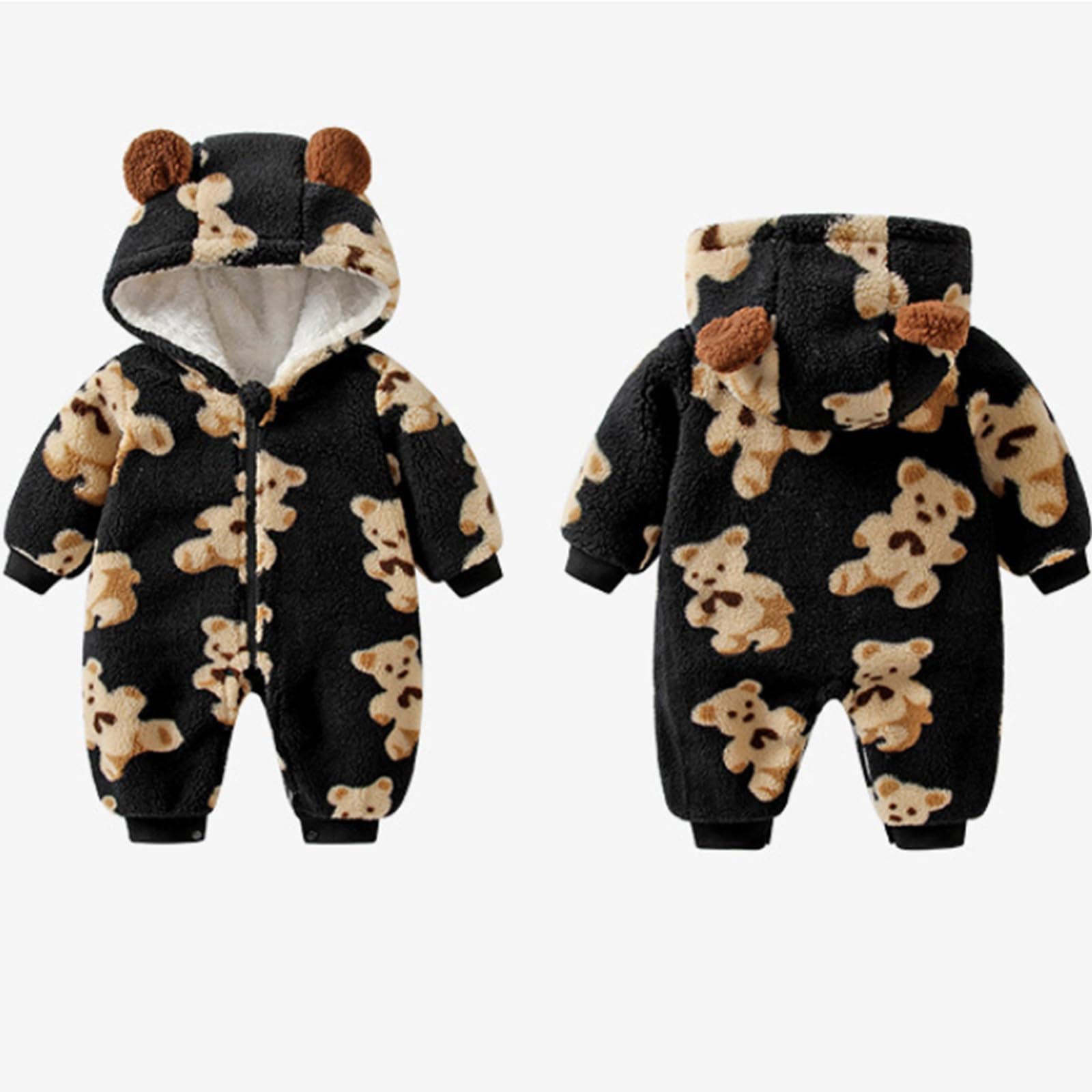 Mono de Invierno para niñas con Capucha de Oso, Suave y Grueso, para bebés de 0 a 24 Meses, Forro Polar, Cremallera Frontal, Patucos Plegables, Color Rosa, Ideal para el frío y Nieve.