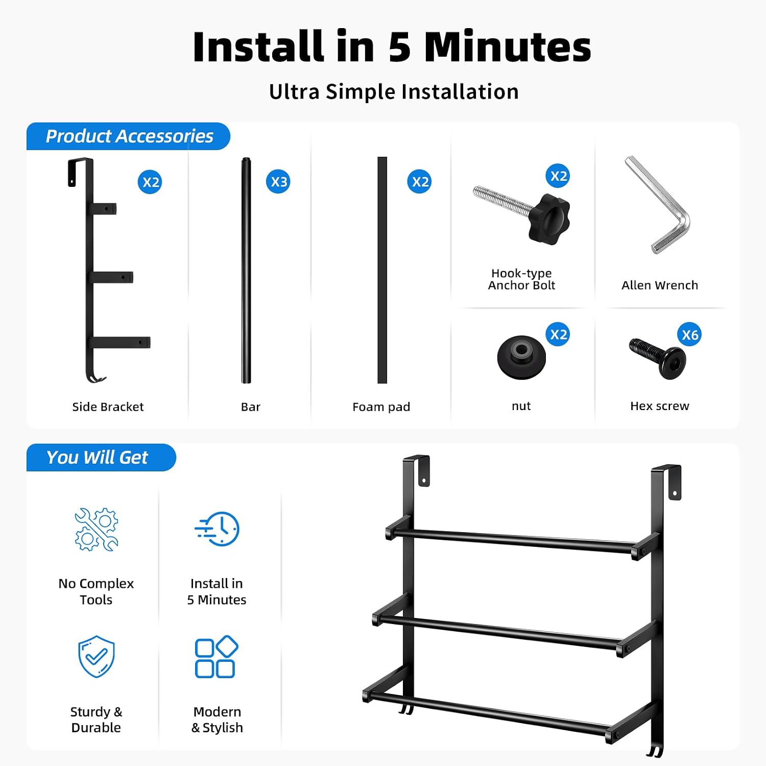 3-Tier Retractable Over-Door Towel Rack, 304 Stainless Steel Black | Simple Tool-free Assembly,No Drills or Glue,Zero Damage to Doors,Adjustable Width 15" to 26.6", Perfect for Bathroom Storage