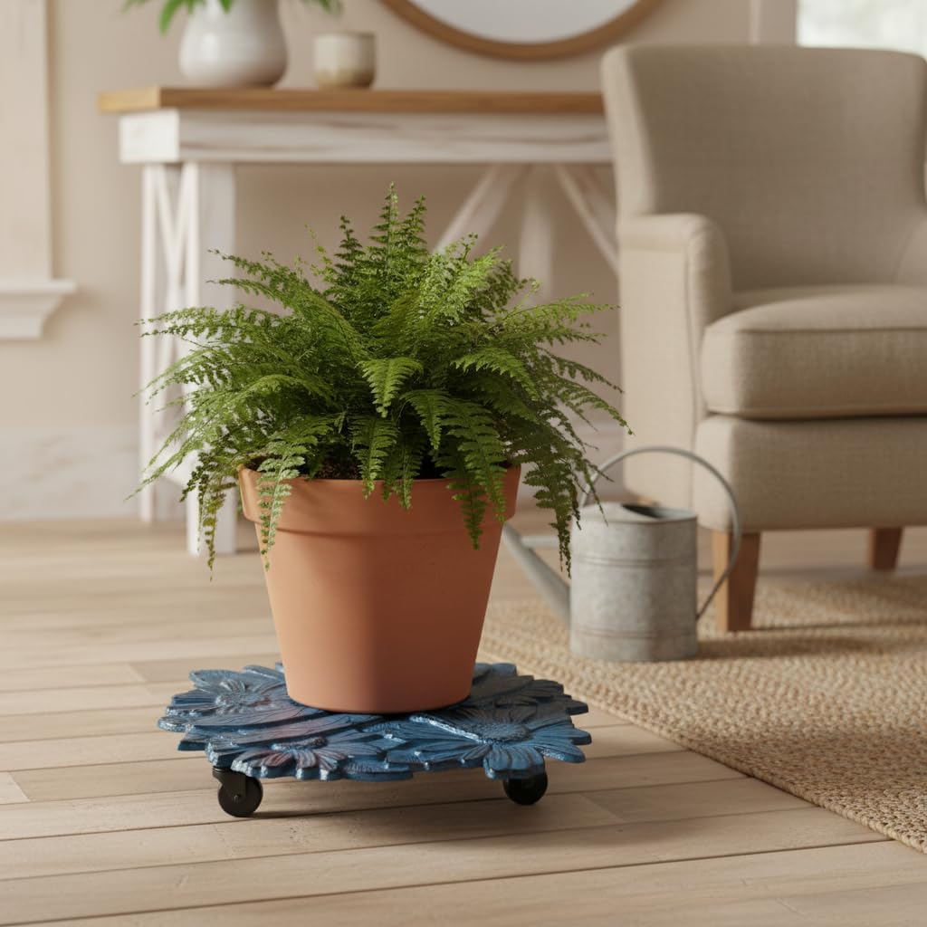 Comfy Hour 14" Flower & Dragonfly Cast Iron Plant Caddy with Wheels, Heavy Duty Rolling Flowerpot Stand, Decorative Plant Dolly for Large Pots, Artisan Crafted Metal Base, Blue, 1 Unit