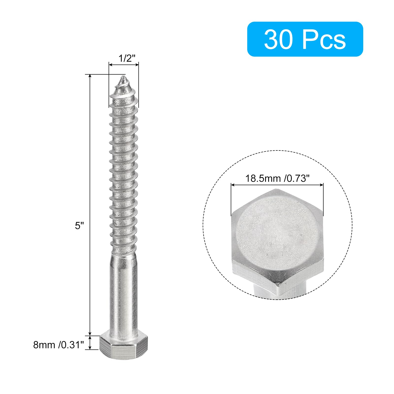 QUARKZMAN Tornillos de Cabeza Hexagonal, 30 Piezas 1/2" x 5" Acero Inoxidable 304 Tornillos de Madera de Rosca Parcial