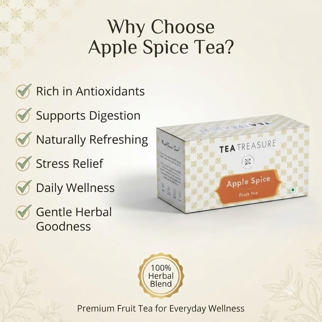 Tea Treasure Apple Spice Fruit Tea β 50 Pyramid Tea Bags| Helps in Weight Management, Cholesterol, Inflamation & Digestive System|With Assam Black tea Blend,Dried Apple, Ginger & Cinnamon