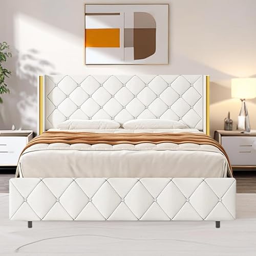 Miniatura 6 de Moderna base de cama tapizada de tamaño matrimonial con cabecera de diamante, base de cama de piel sintética, plataforma de perfil bajo, cabecera