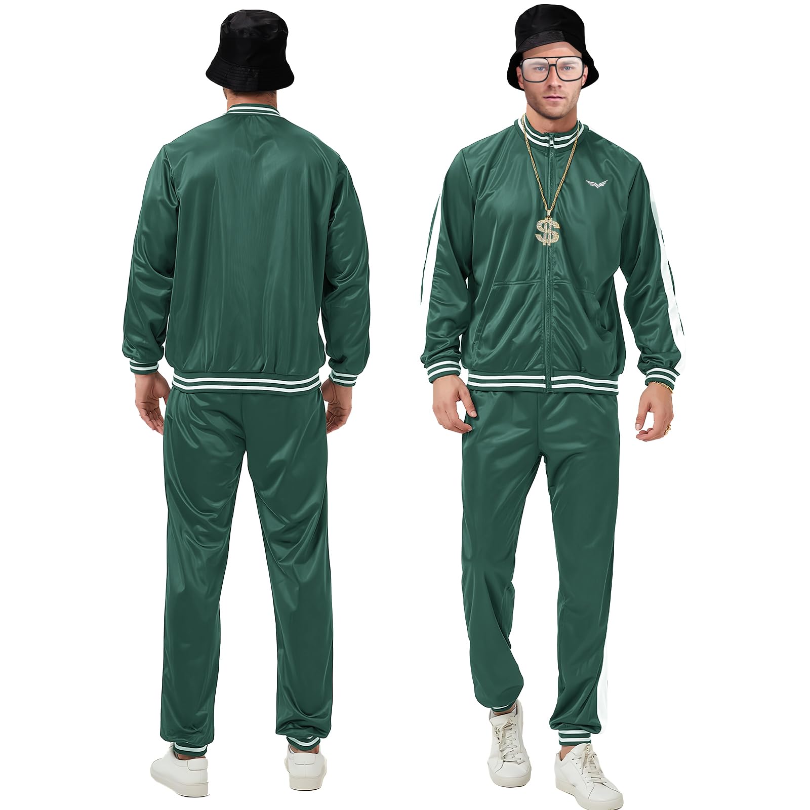 9 Pcs 80s Tracksuit for Men Halloween Costumes Retro Windbreaker Outfit 90s Mens Track Suits Sportswear for Halloween Carnival Party Disco Party Costumes (Green - Image 2