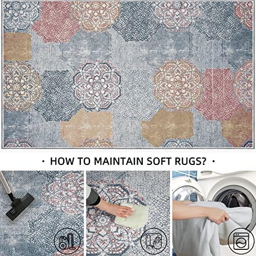 Modern Floral Area Rug Non-Slip Distressed Medallion Area Rugs Boho Patchwork Accent Rugs Floor Carpet For Living Room Bedroom, Multi, 8' X 10' #TOP4