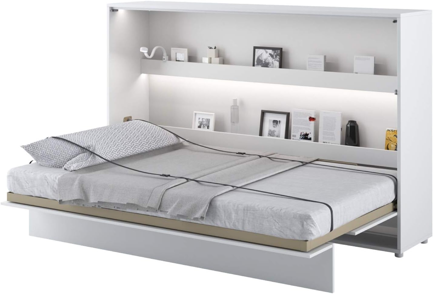 Arthauss Modern Horizontal Wall Bed Concept with Storage and Gas Lifting Mechanism 120cm White Matt - Fold Down Murphy Bed for Small Rooms with Shelving Storage and Soft Close System
