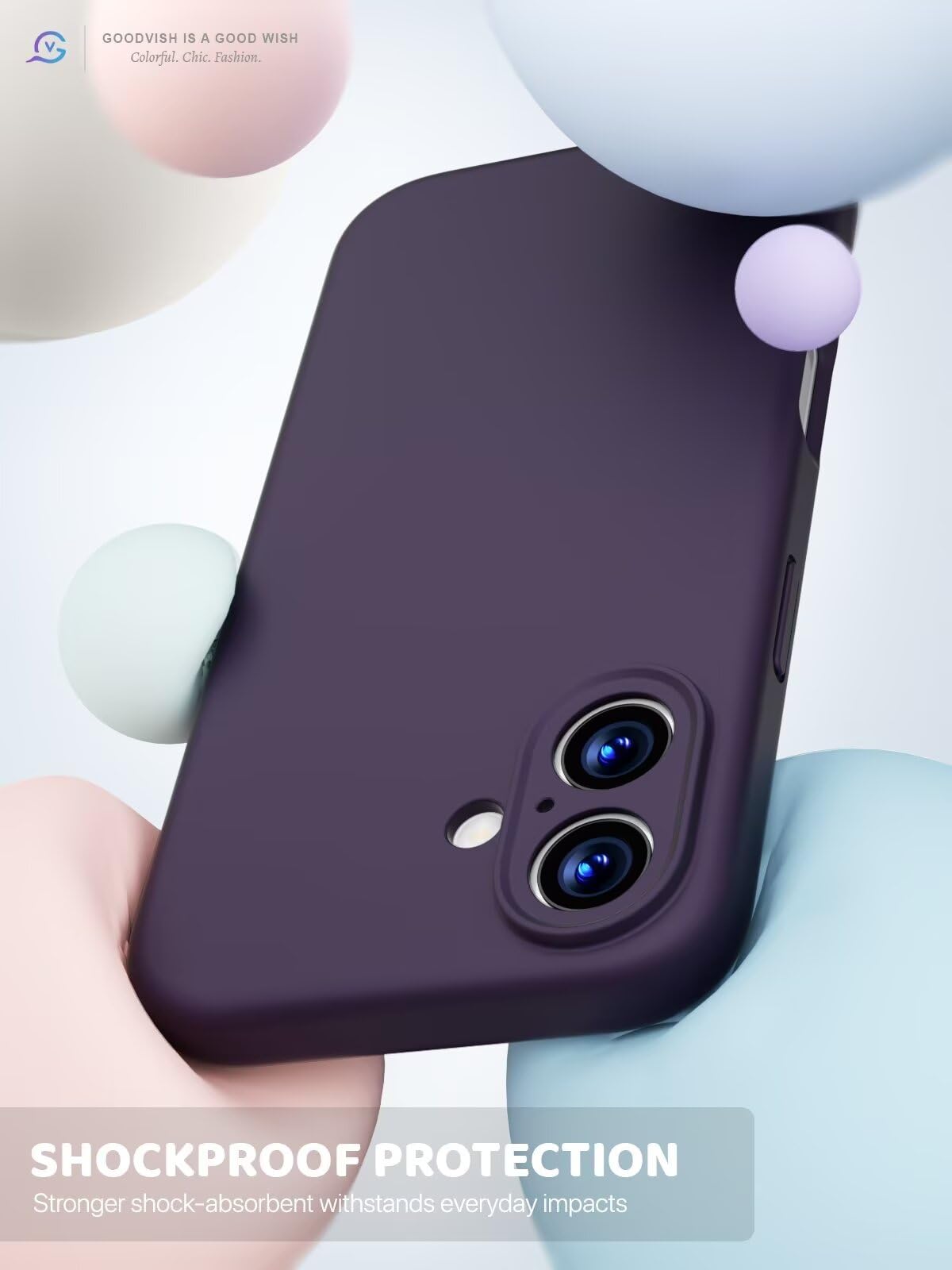 GOODVISH 3 in 1 Silicone Cover per iPhone 16 6.1", Custodia con 2 Pellicola Vetro Temperato [Protezione Fotocamera] 360° Protezione Anticaduta Case per Cellulare Antiurto Resistente, Viola Scuro