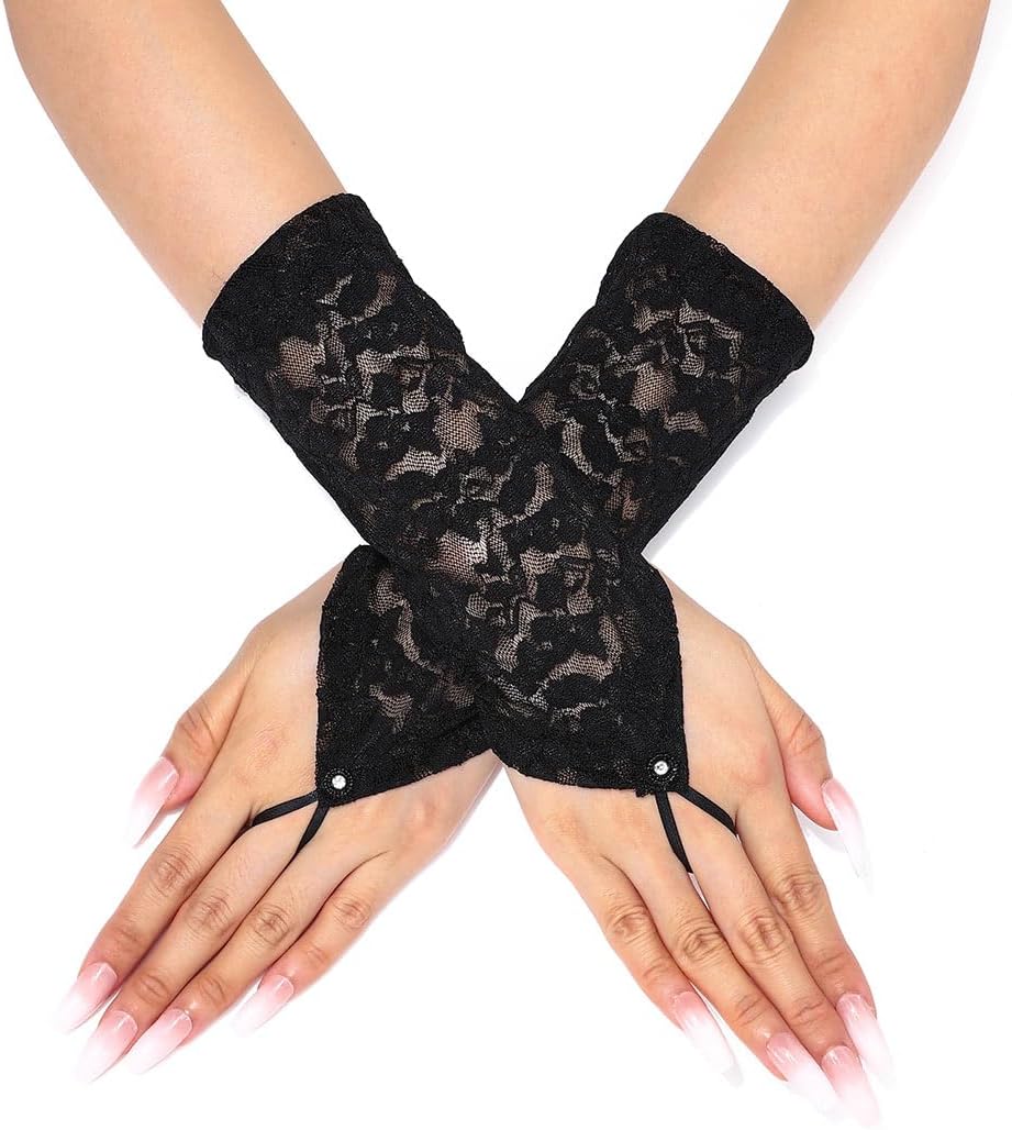 Latious Lace Fingerless White Short Bride Wedding Gloves - Floral Bridal for Women