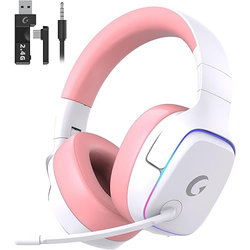 2.4GHz Wireless Gaming Headsets for PS5, PS4, PC, Switch - Bluetooth 5.3 Gaming Headphones with Noise Canceling Mic, 7.1 Surround Sound, 70H Battery, RGB Lighting - Pink