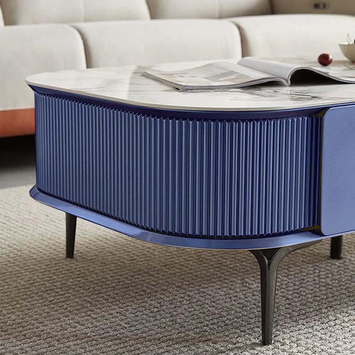 Image of WOODEN SPACE Premium Solo Marble-Top Wooden Center Table for Living Room | Iron Legs | PVD Coating | Modern Entryway Furniture | Coffee Table - 42X24X18 in (Blue)