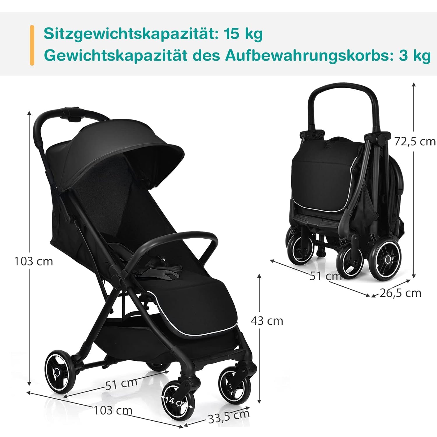 DREAMADE Kinderwagen faltbar, Reisebuggy für Kinder 0-3 Jahren, Buggy mit verstellbarem Sonnendach, Universalräder, Sicherheitsgurt & Aufbewahrungskorb, bis 15 kg Belastbar (Schwarz)