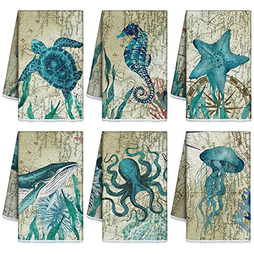 Mixweer 6 Pcs Beach Kitchen Towels Nautical Coastal Hand Towel Fishing Ocean Animal Dish Cloths 16 x 24 Inch Sea Turtle Absorbent Tea Dishcloth Gift for Home Bathroom Kitchen Decor(Blue,Ocean)
