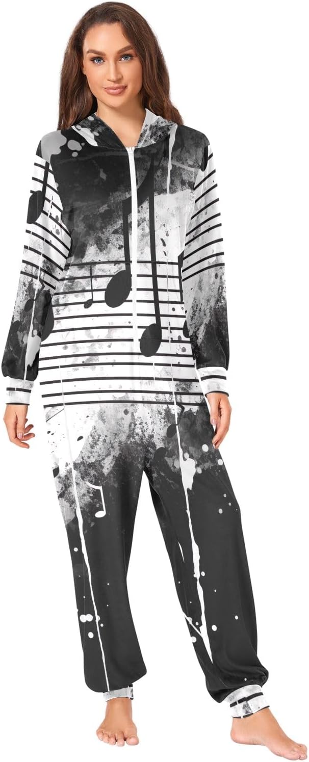 GAIREG Music Notes Black Adult Onesie Pajamas, Soft Plush Unisex One Piece Jumpsuit Sleepwear for Christmas