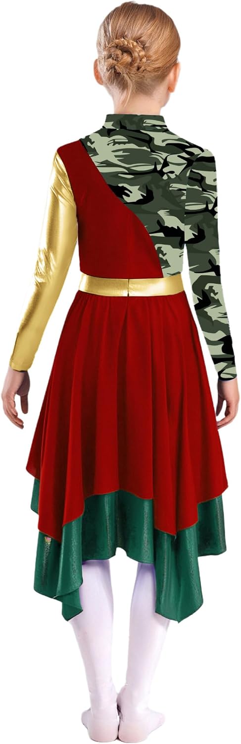 Kids Girls Worship Praise Dance Dress Metallic Camouflage Printed Liturgical Tunic Lyrical Dancewear