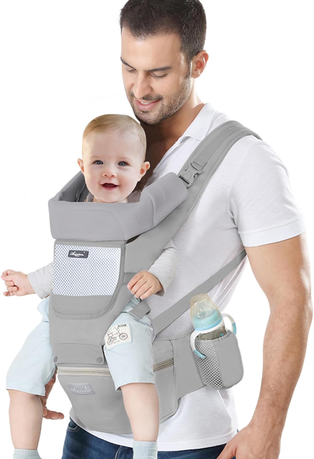 Newborn Baby Carrier with Hip Seat Ergonomic Infant Carrier Adjustable Multifunctional Front and Back Carry for Childs Toddler 3 Months to 3 Years(7-45lbs) Grey