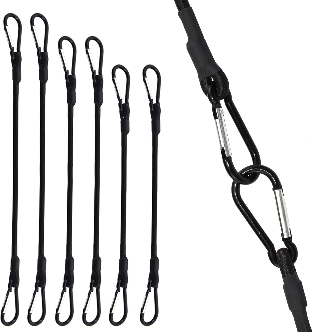 Bungee Cords with Carabiner Hooks, SDTC Tech 6-Pack Black Heavy Duty Bungee Straps 18“, 24”, 36“ Elastic Tie Downs Straps for Tents, Cargo, Kayak Boat, Bikes Rope Tie, Tarp, Luggage