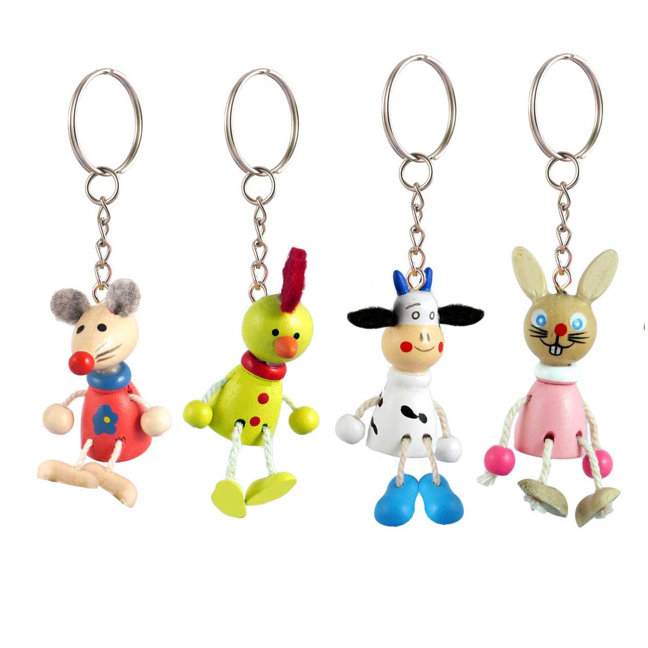 HENBRANDT Wooden 3D Novelty Animal Keyrings Set of 4 (Mouse Chicken Cow Rabbit)