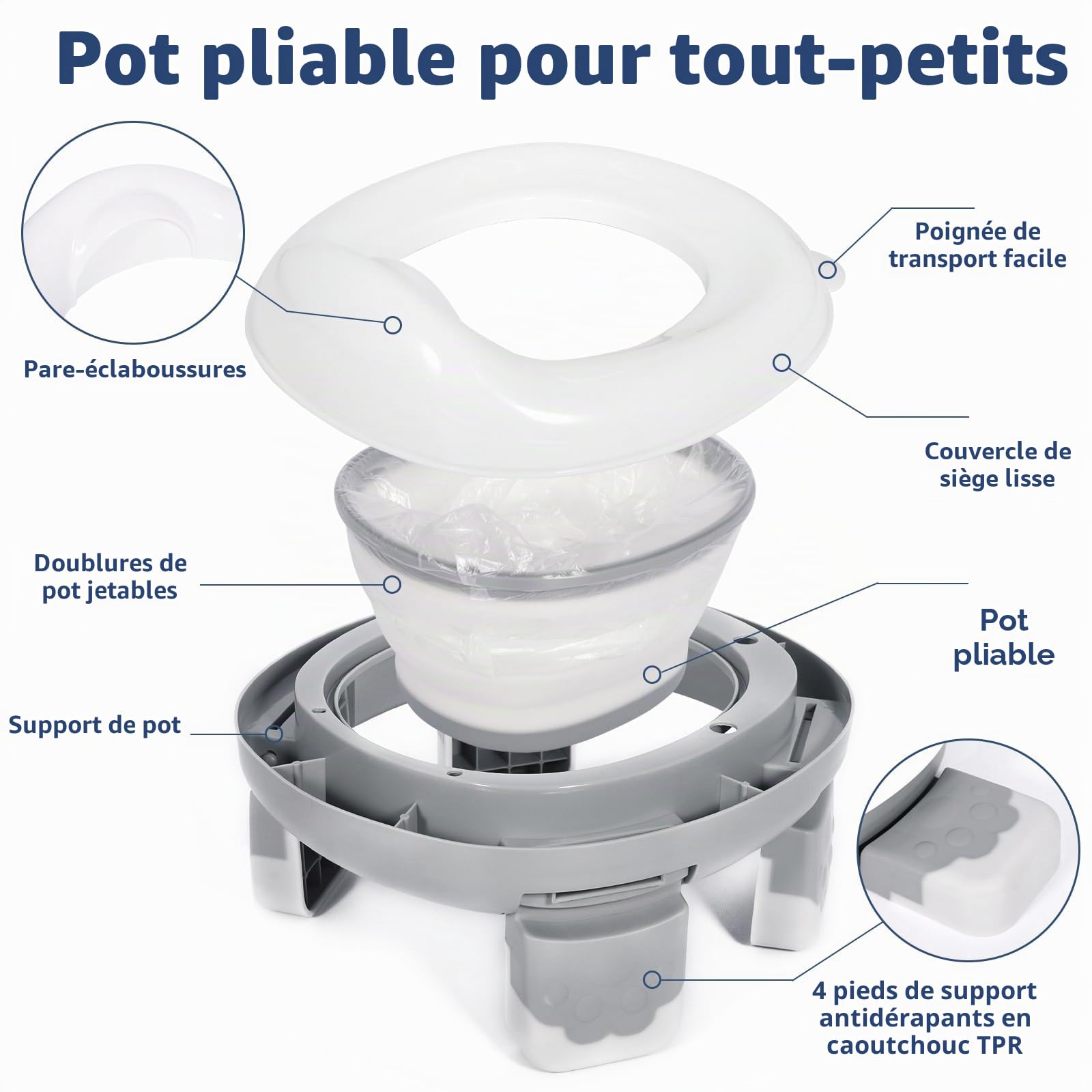 Pot Pliable Enfant Voyage, RéDucteur Toilette, Toilette Portable Enfant Pieds Antidérapants, Pot Bebe Portable Pliable Avec 40 Sacs Ametables, Sac De Rangement