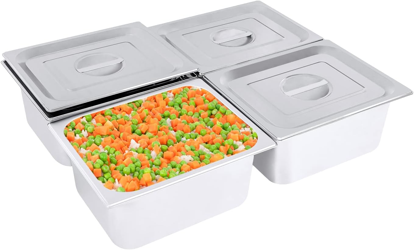 4 Pack Hotel Pans,Commercial Stainless Steel Hotel Pan with Lids,Chafing Steam Table Pan, Catering Storage Metal Food Table for Home, Party (12.8 * 10.4 * 6in)