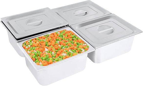 4 PCS Food Pans with Lids, 7L 1/2 Size*6" Deep Stainless Steam Hotel Pan, 22 Gauge/0.7mm Thick Catering Storage Food Pan Anti Jam Steam Table Pan for Barbecues, Baking, Cakes