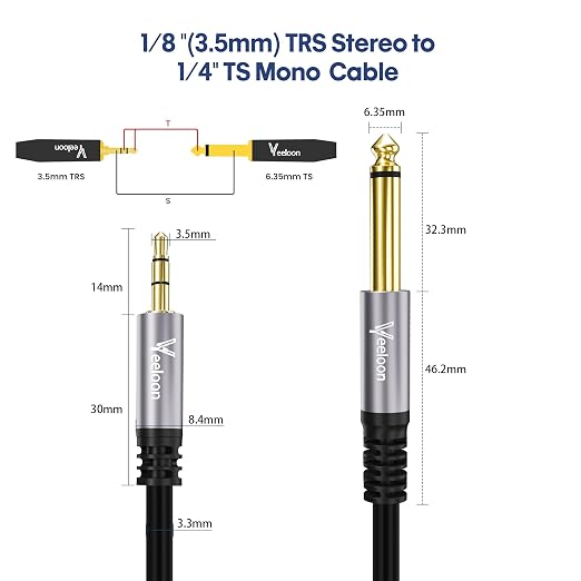 Cable adaptador audio Jack 6.35mm a Jack 3.5mm 6 ft miniatura 2