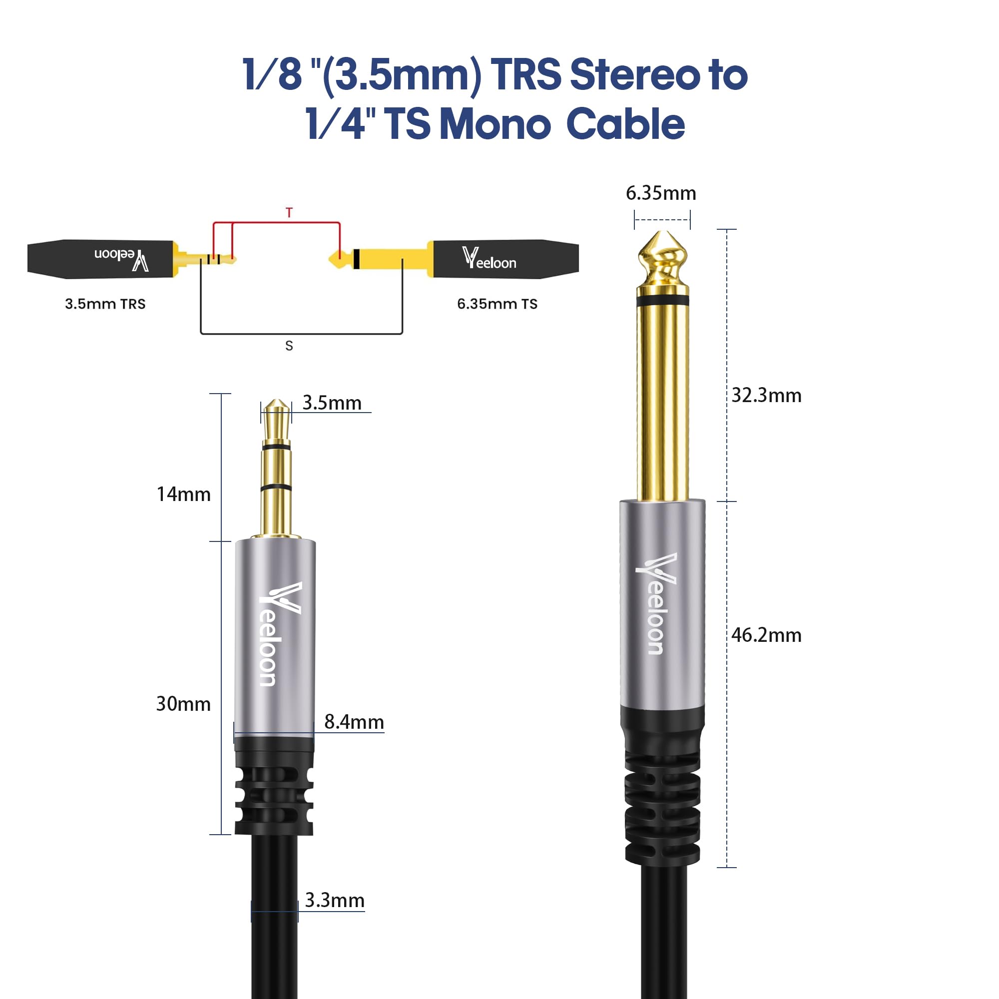 6,35 mm TS auf 3,5 mm TRS Stereo-Audio-Adapterkabel, 1,8 m, vergoldeter Stecker, AUX-Klinke, Verbindungskabel für Gitarre, Bass, Heimkino-Geräte, Lautsprecher, Telefon, Laptop, MP3-Mixer