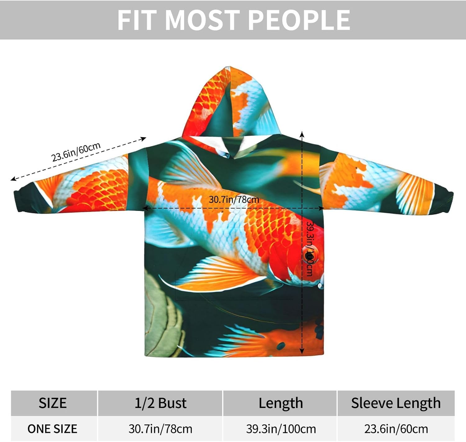 Pretty Koi Fishprint Oversized Hoodie Blanket, Super Soft Warm Comfortable Hoodie, Wearable Blanket Adult