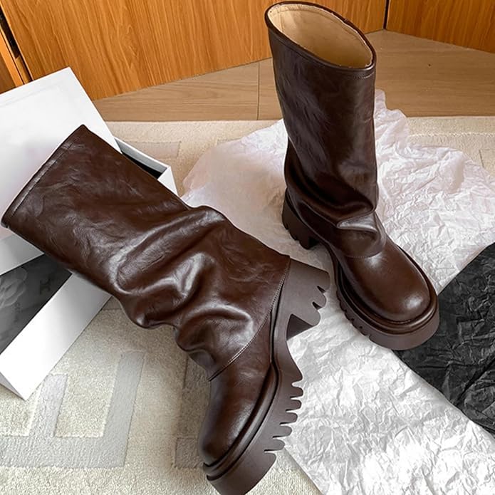 Image of MAVMAX Mid Calf Boots for Women Fold Over Zipper Buckle Riding Boot Black Wide Calf Platform Round Toe Chunky Low Heel Tall Boot Cowboy Biker Motorcycle Boots