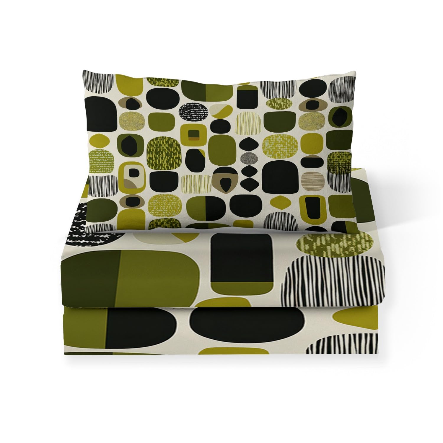 Drap-Housse Microfibre Doux 160 x 200 cm Blocs Géométriques De Style Médiéval Housse de Matelas Respirante Anti-Glisse avec 2 Taies d’Oreiller, Grand Bonnet 30cm, Vert Olive