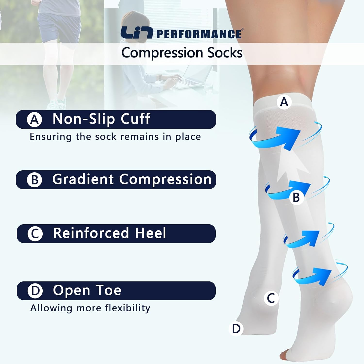 LIN PERFORMANCE Medical stocking 20-30 mmHg Compression Socks for Women and Men, Open Toe Knee High, Leg Support for Daily & Travel Comfort (M,White) - Image 2