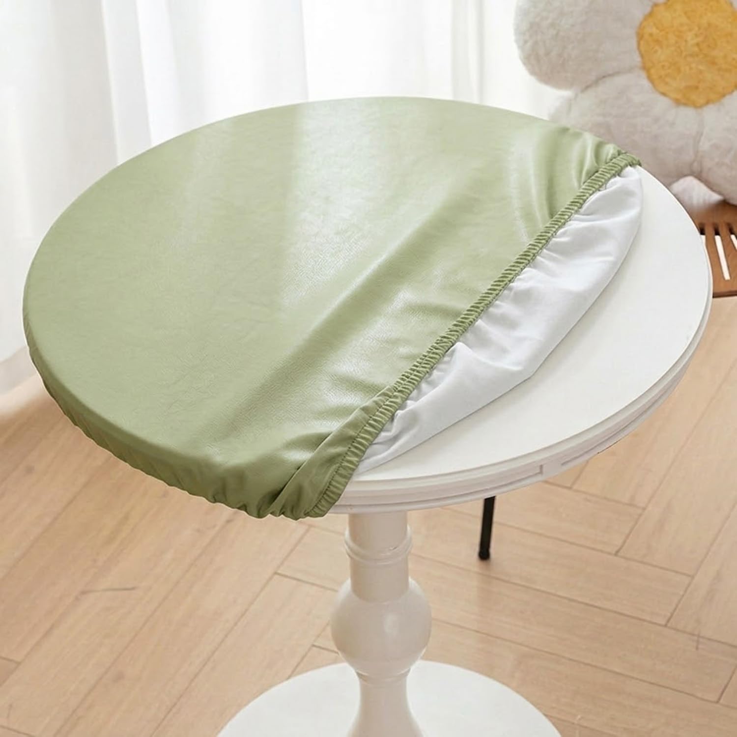 Round Fitted Tablecloth PU Leather Waterproof Elasticated Edge Wipeable Circular Table Cover for Indoor Outdoor Patio BBQ Dining Table Protector(Green,70cm)