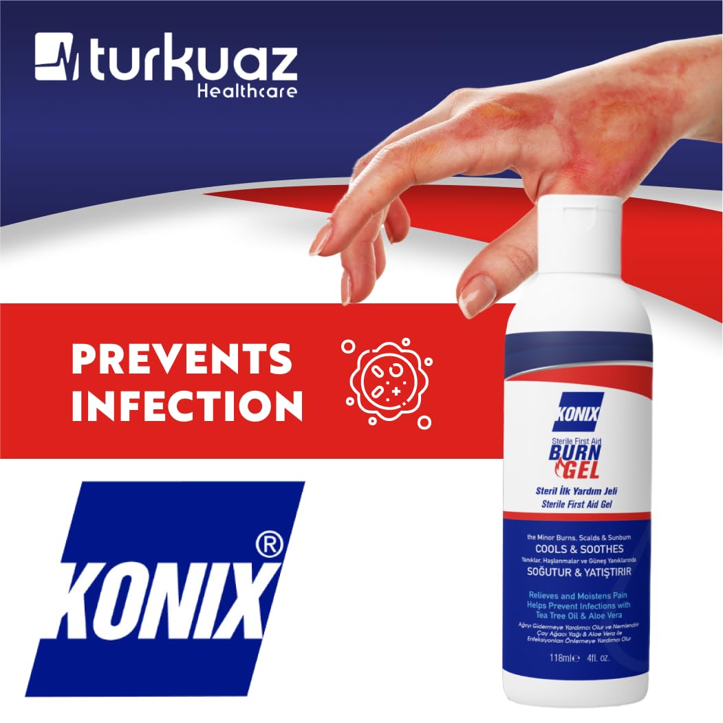 KONIX Sterile Erste-Hilfe-Verbrennungsgel Fast Relief Schutz Schnellhilfe-Gel für alle Arten von Brandverletzungen geeignet für alle Hauttypen Melaleuca, Aloe Vera 118 Ml