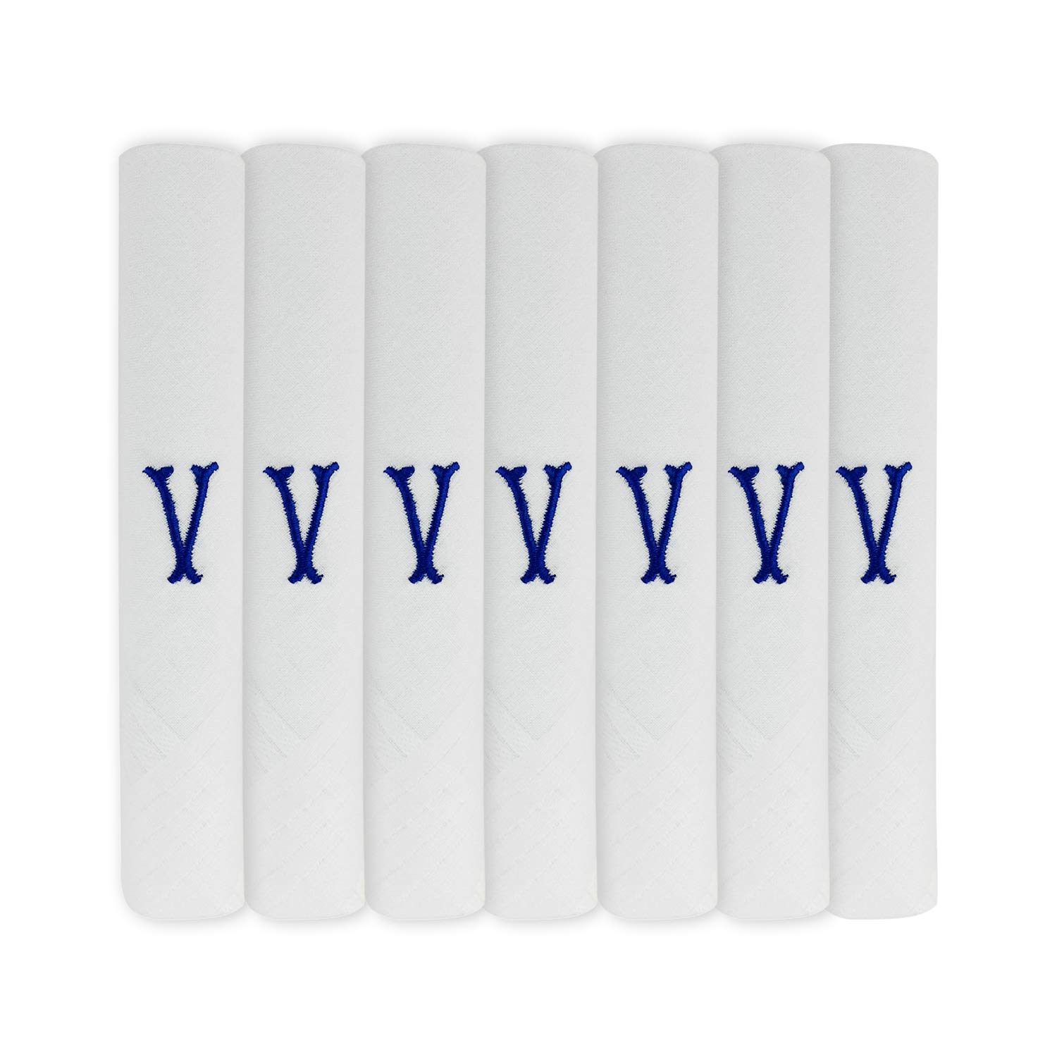 Hetherington Gray 7 Pack Of Mens/Gentlemens White Satin Bordered Handkerchiefs With & Blue Embroidered Initials, Letter V