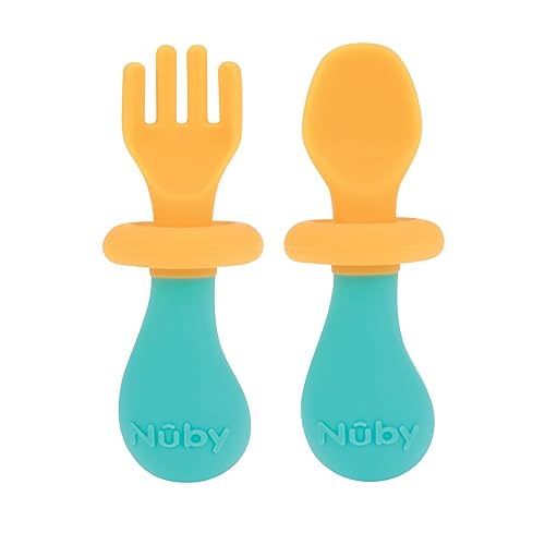 Nuby First Tenedor y Cuchara - Utensilios con protectores de seguridad para bebés de 6 meses en adelante, naranja y aguamarina