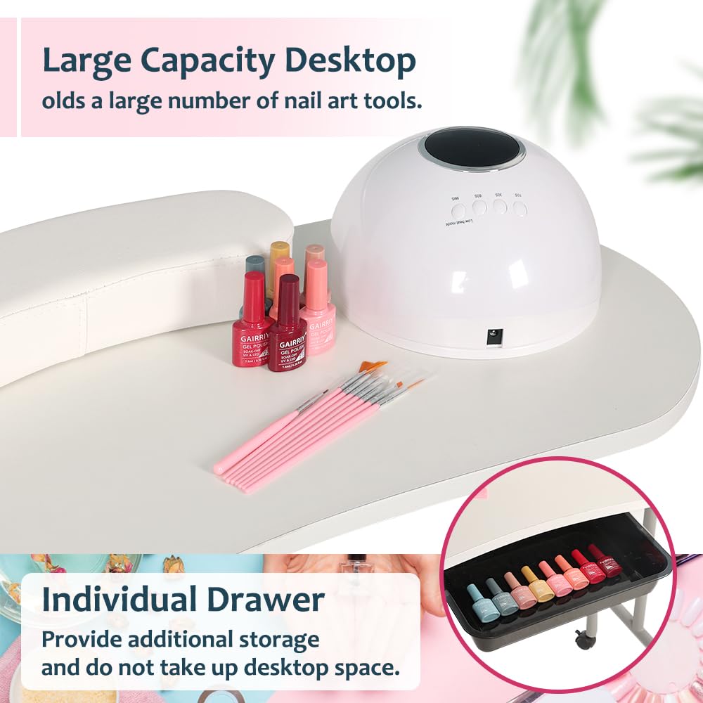 AGESISI Portable Manicure Table Foldable Nail Desk with Large Drawer Nail Tech Table for Technician Salon Workstation Client Wrist Cushion/Carry Bag/4 Lockable Wheels, 36-inch, White